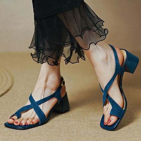 Cross Square-Toe Sandals Heel Strap Chunky