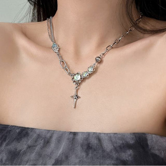 Stainless Rhinestone Pendant Star Moonstone Steel Necklace