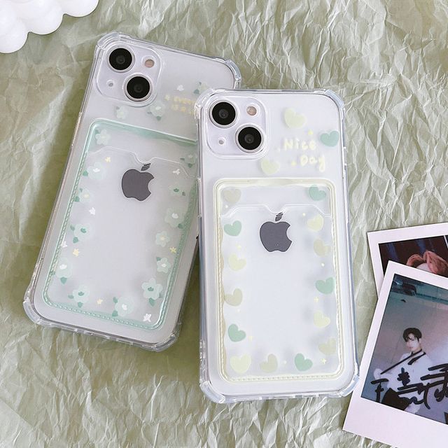 Phone Transparent Case Holder Flower Heart Print Card /