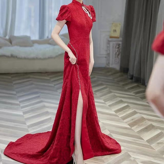 Chained Faux Puff-Sleeve Evening Pearl Mermaid Back Gown