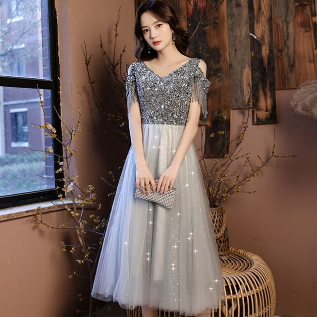 Shoulder Maxi Prom Cold Sequin Dress