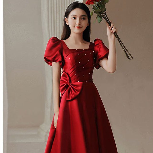 A-Line Puff-Sleeve (Various Designs) Bow Prom Embellished Dress