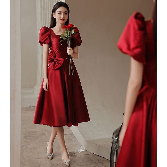 A-Line Puff-Sleeve (Various Designs) Bow Prom Embellished Dress