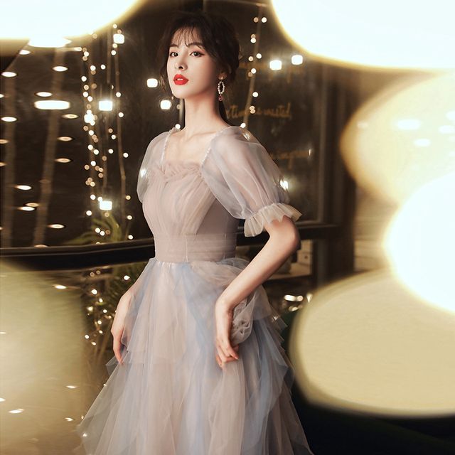 Short-Sleeve Gown Evening Mesh A-Line