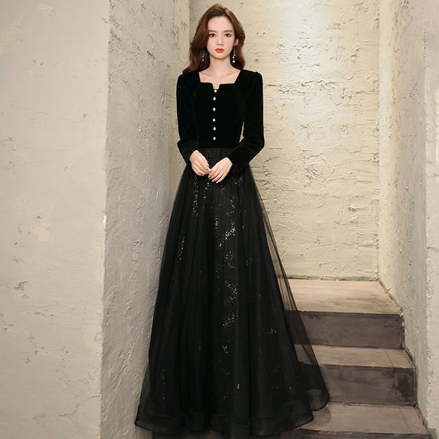Evening Long-Sleeve A-Line Gown Sequin