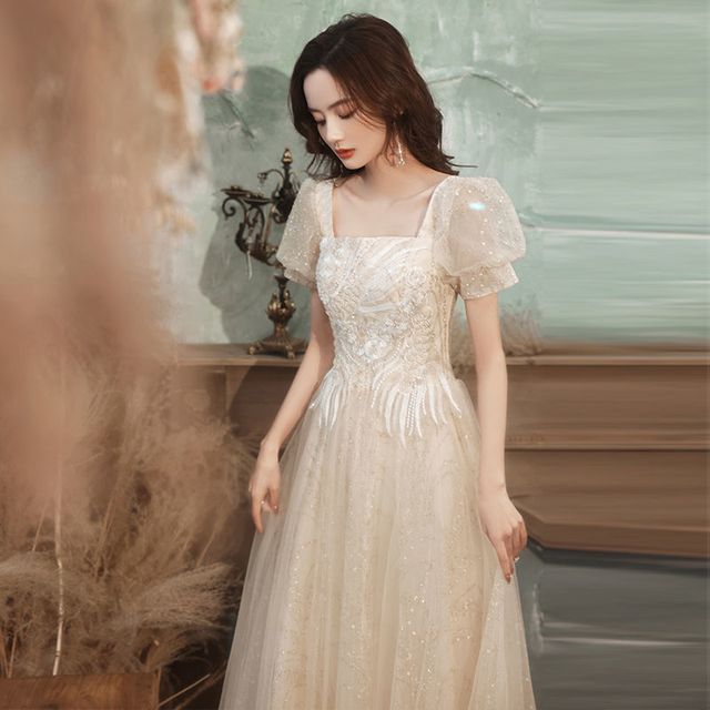 Dress Cocktail Evening Gown / A-Line Puff-Sleeve