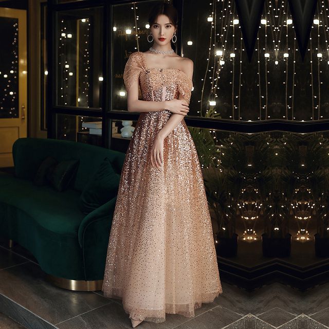 Sequin A-Line Off-Shoulder Evening Gown