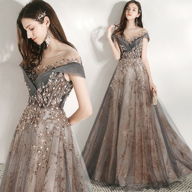 Sequined Short-Sleeve A-Line Gown Evening