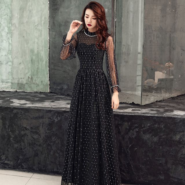 A-Line Evening Long-Sleeve Gown Mesh