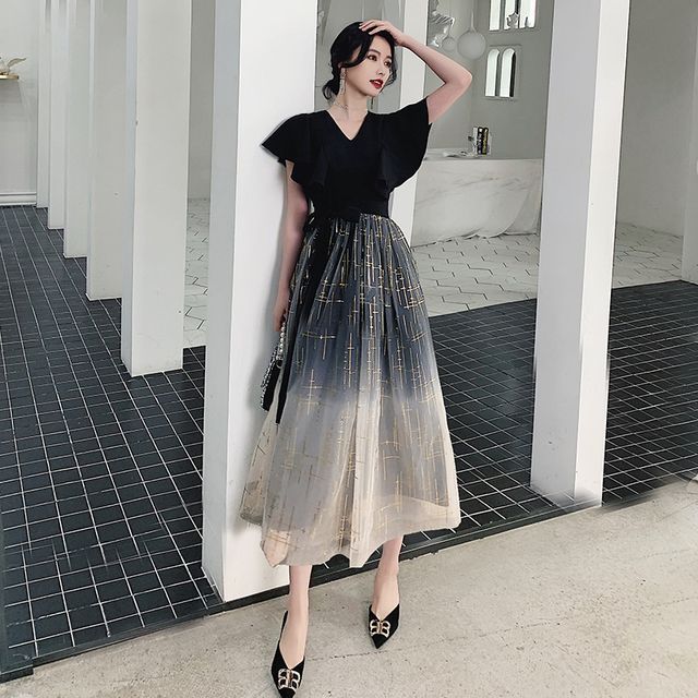 Dress Short-Sleeve Evening Gown A-Line Cocktail /