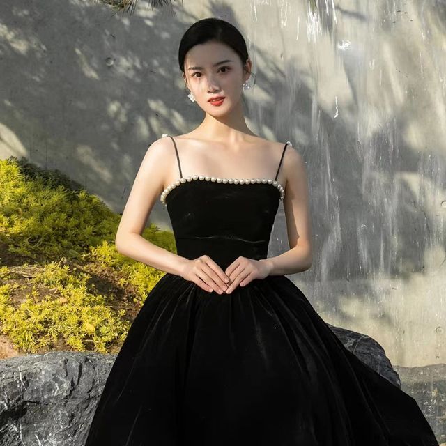 Pearl Spaghetti-Strap Faux Gown A-Line Evening