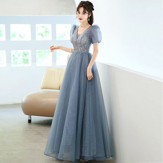 Evening A-Line Sleeve Sheer Panel Puff Gown