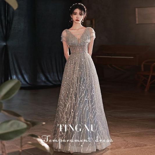 Glitter Cap-Sleeve Sheath Gown Evening