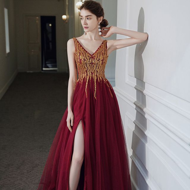 Gown A-Line Glitter V-Neck Evening