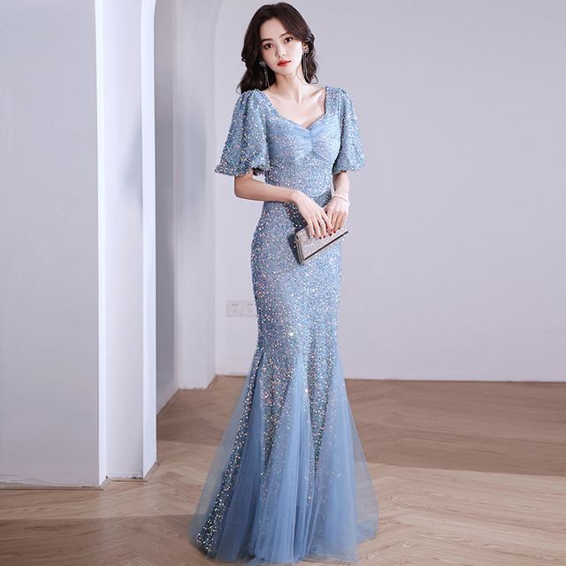 Gown Evening V-Neck Glitter Mermaid