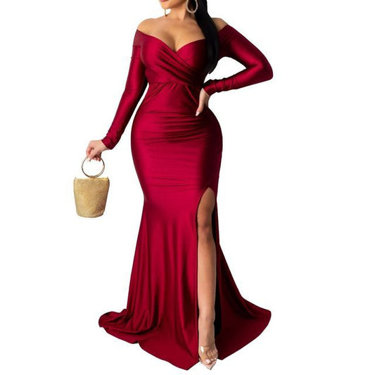 Mermaid Slit Evening Long-Sleeve Gown Off Shoulder