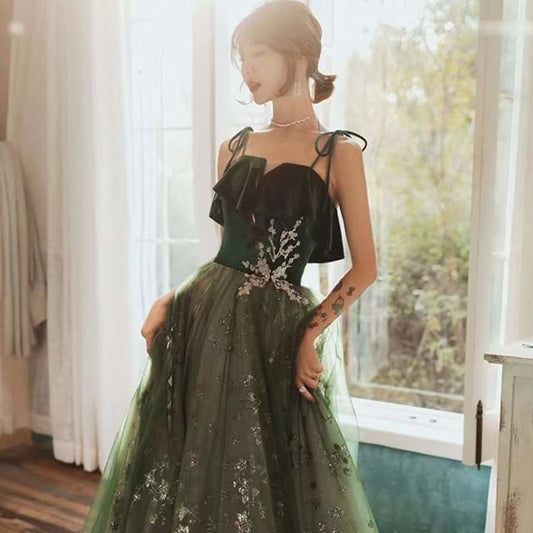 Gown Midi Sequin Evening Spaghetti-Strap A-Line