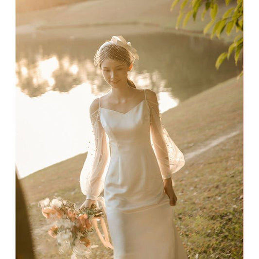 Cold-Shoulder Wedding A-Line Long-Sleeve Gown