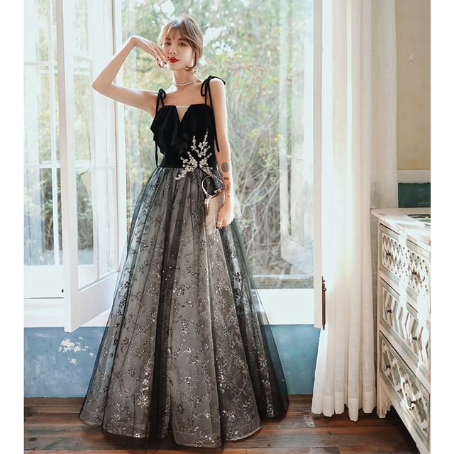 Gown Midi Sequin Evening Spaghetti-Strap A-Line