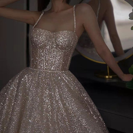 Evening Gown Spaghetti Rhinestone Sequined A-Line Strap