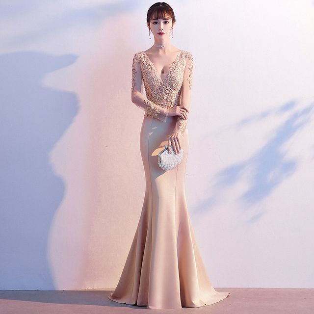 Long-Sleeve V-Neck Mermaid Lace Evening Gown