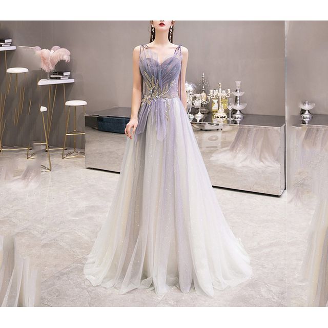 Gradient Mesh Sweetheart Strap Spaghetti Rhinestone Evening Gown Neckline A-Line