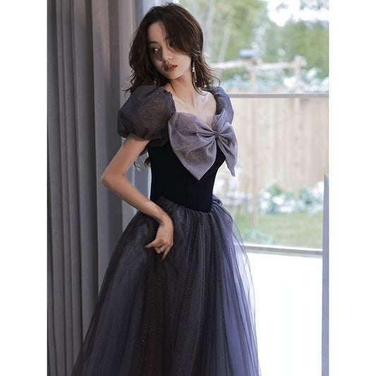 Gown A-Line Mesh Puff-Sleeve Bow Glitter Evening