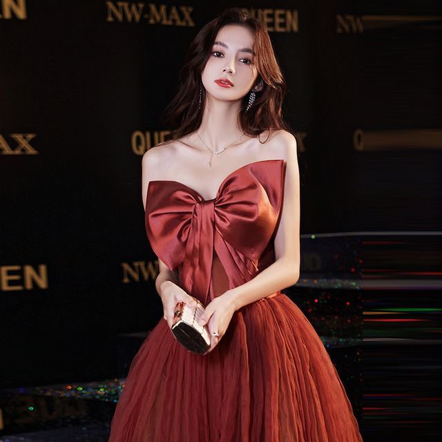 Evening Gown A-Line Bow Mesh Strapless