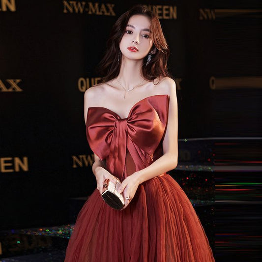 Evening Gown A-Line Bow Mesh Strapless