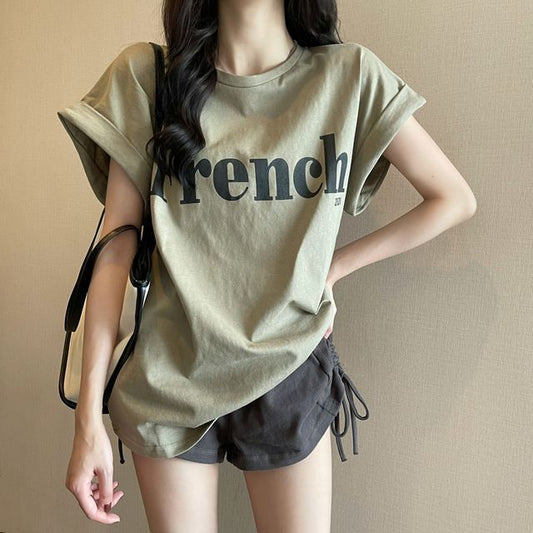 Long Neck Round Cap-Sleeve Lettering T-Shirt