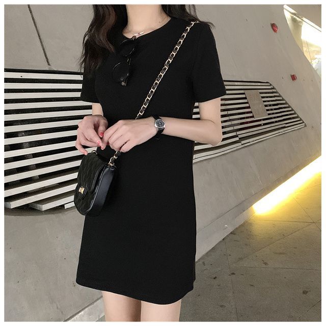 Round Dress Mini Plain Neck T-Shirt Short-Sleeve