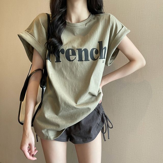 Long Neck Round Cap-Sleeve Lettering T-Shirt