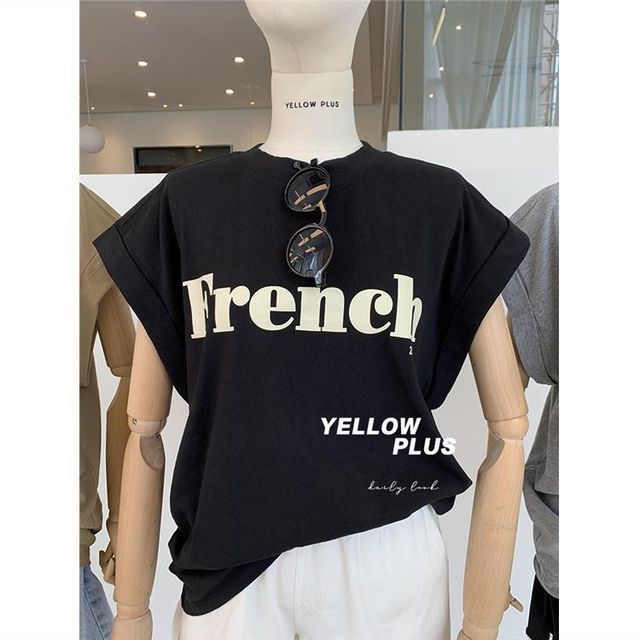 Long Neck Round Cap-Sleeve Lettering T-Shirt