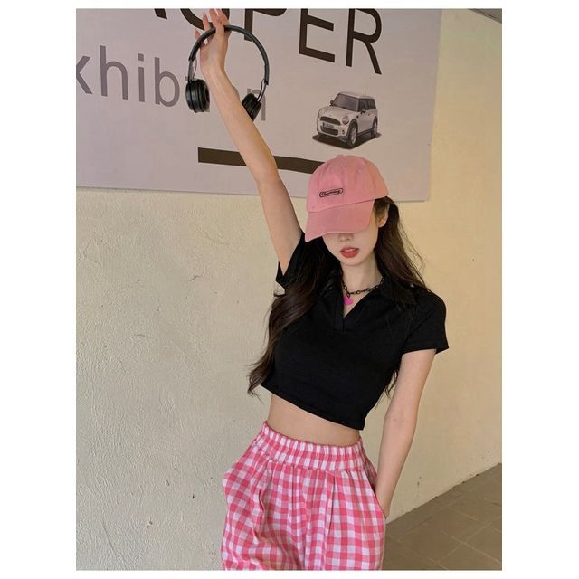 Plain Top Short-Sleeve Crop Polo