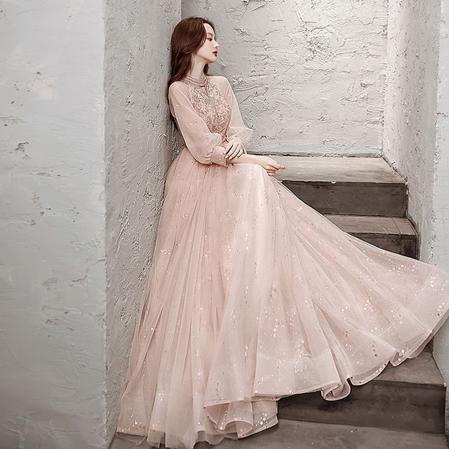 Long-Sleeve Mesh Gown Evening A-Line Sequin