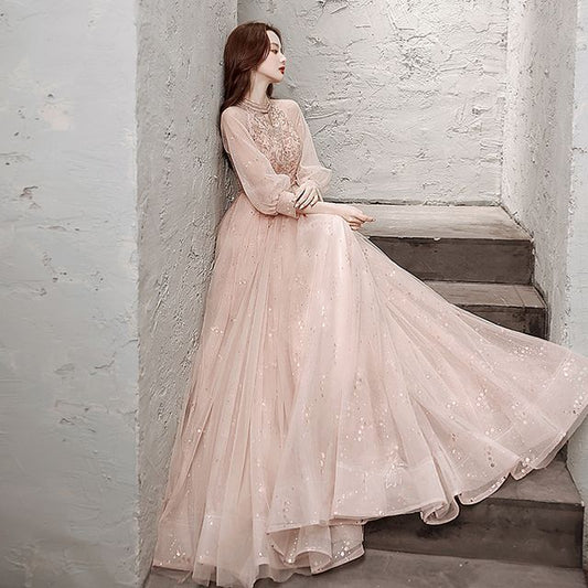 Long-Sleeve Mesh Gown Evening A-Line Sequin