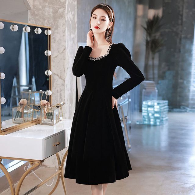 Gown Neck / A-Line Evening Square Dress Rhinestone Long-Sleeve Cocktail