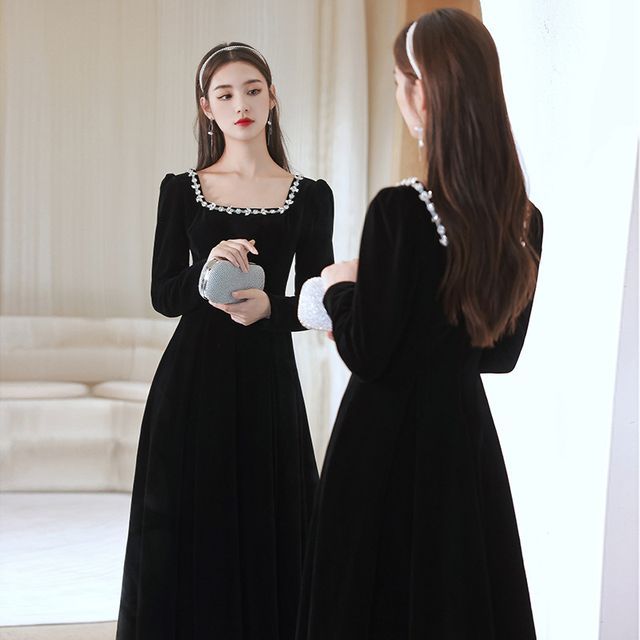 Gown Neck / A-Line Evening Square Dress Rhinestone Long-Sleeve Cocktail