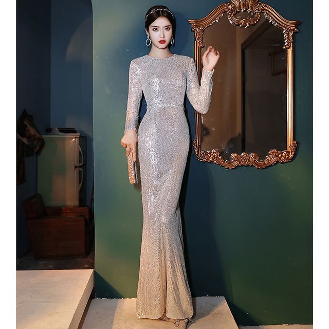 Mermaid Evening Sequin Long-Sleeve Gown