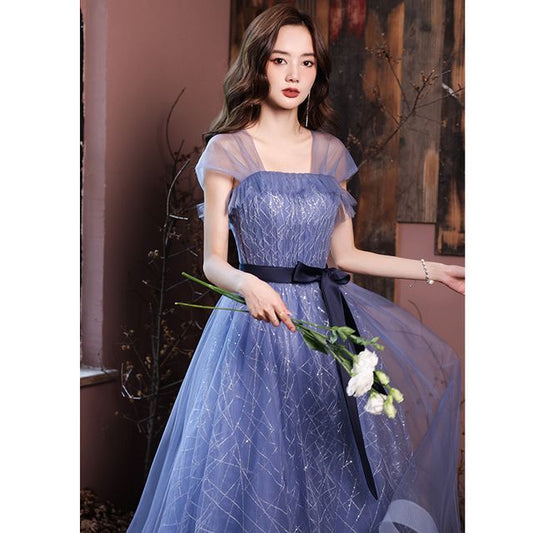 Gown Mesh Evening Sleeveless A-Line Tie-Waist