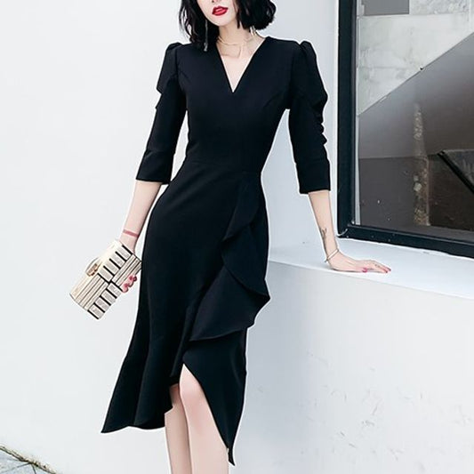 3/4-Sleeve V-Neck Ruffle Asymmetrical Mermaid Cocktail Dress