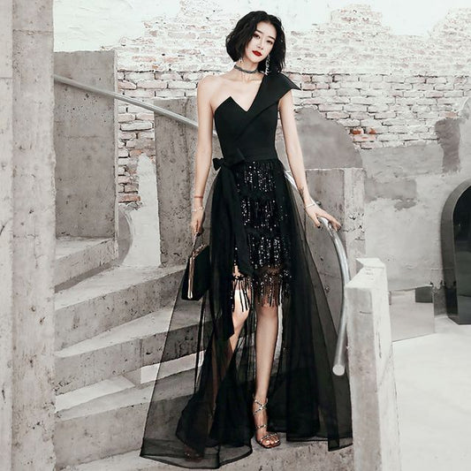 Evening Low Sequin Gown High One-Shoulder Fringed