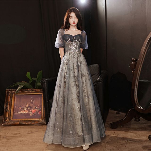 A-Line Gown Short-Sleeve Evening Mesh Sequin