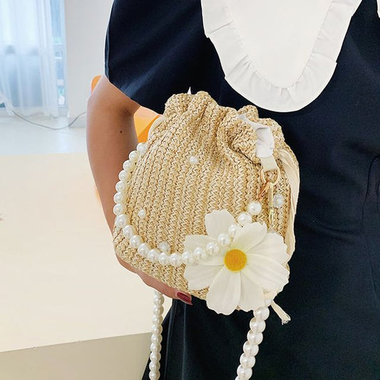 Bucket Faux Woven Pearl Strap Bag