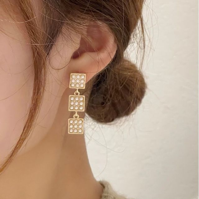 Pearl Faux Square Dangle Alloy Earring