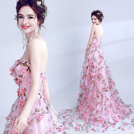 Floral A-Line Gown Evening Strapless Lace