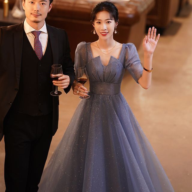 Gown Short-Sleeve A-Line Mesh Evening Notched