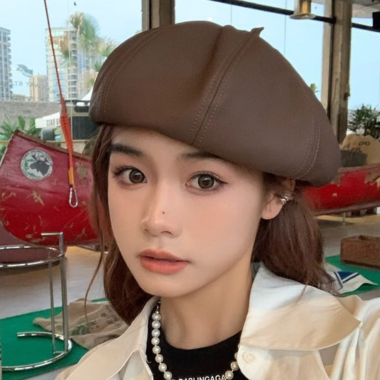 Plain Beret Leather Hat Faux