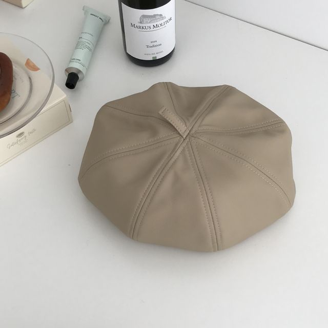 Plain Beret Leather Hat Faux