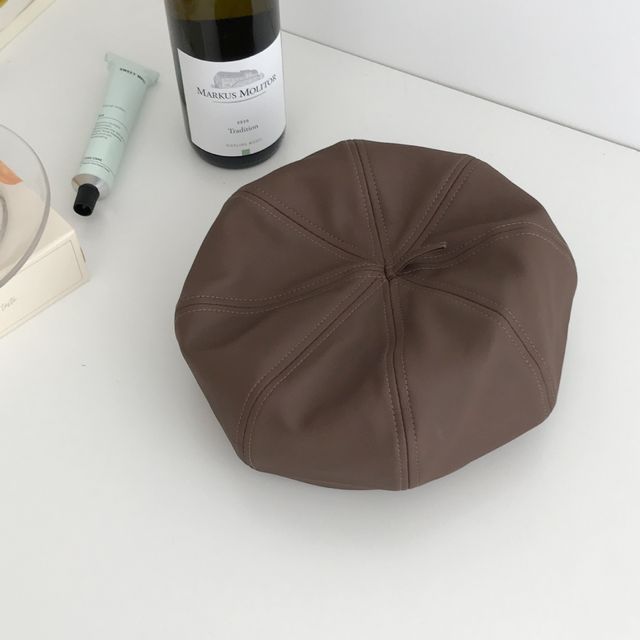 Plain Beret Leather Hat Faux